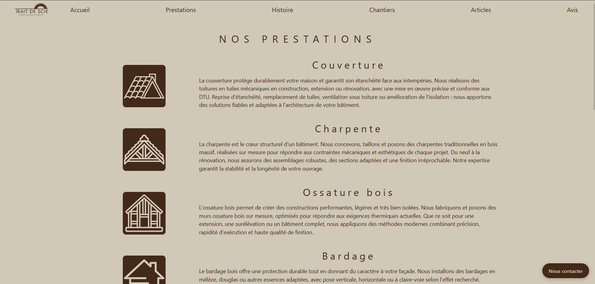 Présentation des prestations de couverture, charpente, ossature bois et bardage proposées par Trait de Scie